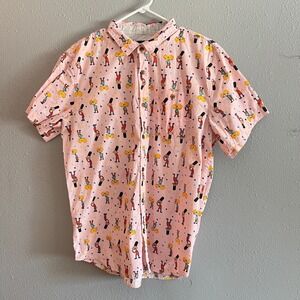 Nickelodeon Hey Arnold Pink Button Up Shirt Short Sleeve Size XL